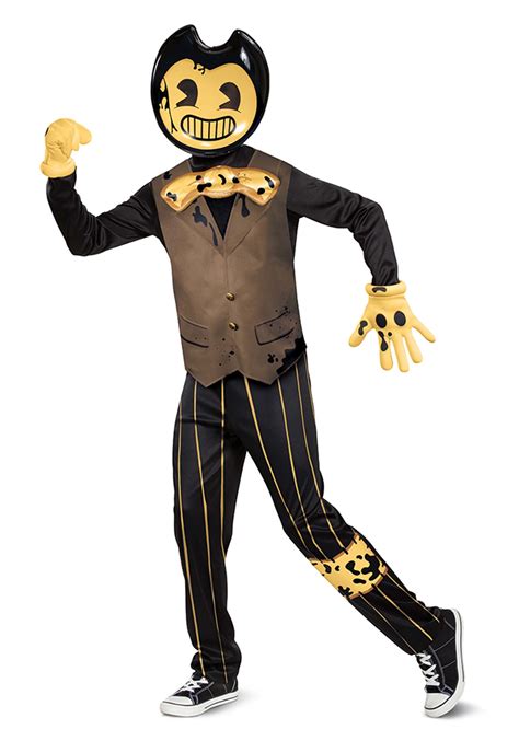 VIDEO GAME INSPIRED BENDY AND THE INK MACHINE COSTUME - Whether as a Halloween costume or dress-up among friends, this costume set is sure to impress ; QUALITY COSTUMES FOR HAPPY KIDS - To keep this Bendy costume well maintained, it is recommended that it be hand washed. Includes jumpsuit, mask and pair …